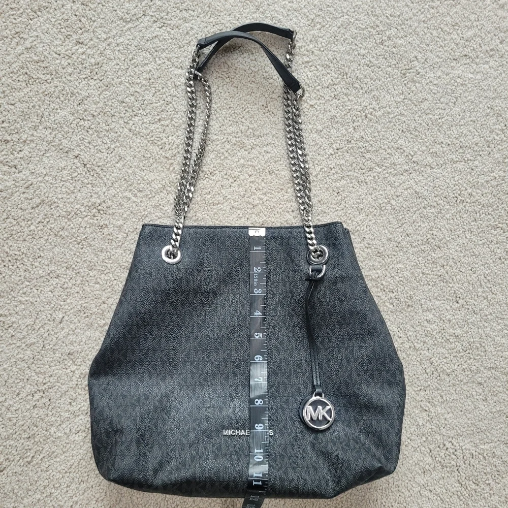 Michael Kors Silver Chain Tote Bag Black MK Logo Canvas Convertible Straps